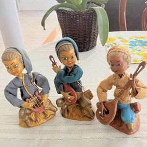1950’s Tilso 3 Elf Pixie Golden Fantasy Playing Musical Instrument 7.5” Figurine